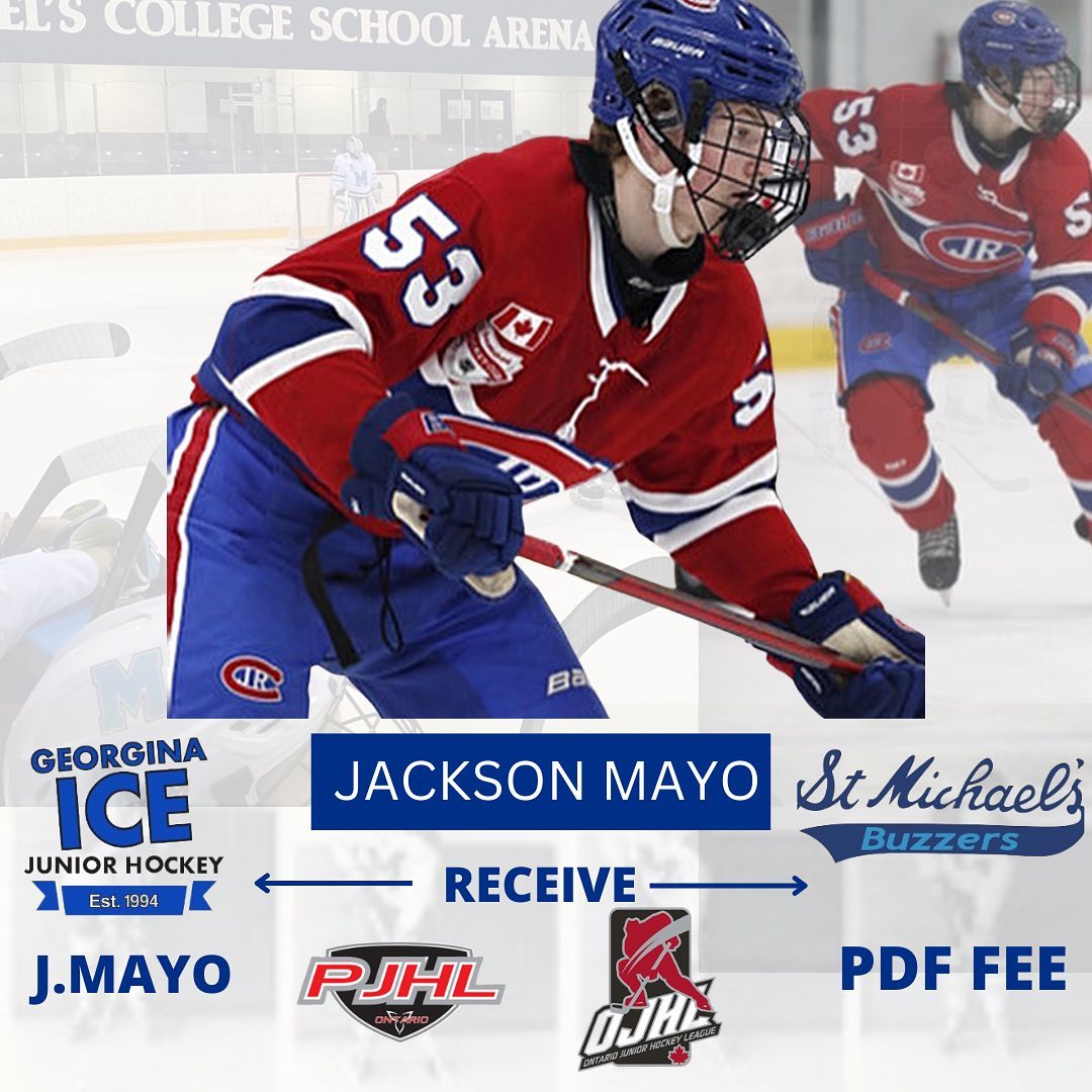 🚨🧊TRADE ALERT🧊🚨
#HereWeGo We are extremely happy to announce that we have acquired another top LOCAL player in a trade with the St. Michael's Buzzers of the OJHL - Jackson Mayo.
Jackson brings an incredible work ethic, goal scoring and dedication to our hometown.
Lets make sure we give Jackson a HUGE hometown welcome tomorrow night when we take on the Lakefield Chiefs.  Pre-game warm up 7:05pm, puck drop 7:30pm.
#Section94 #Rollice #HockeyNightInGeorgina #HometownCorner #hockeygame #hockey #letsgo #hockeynight #ojhl #pjhl #minorhockey #junior