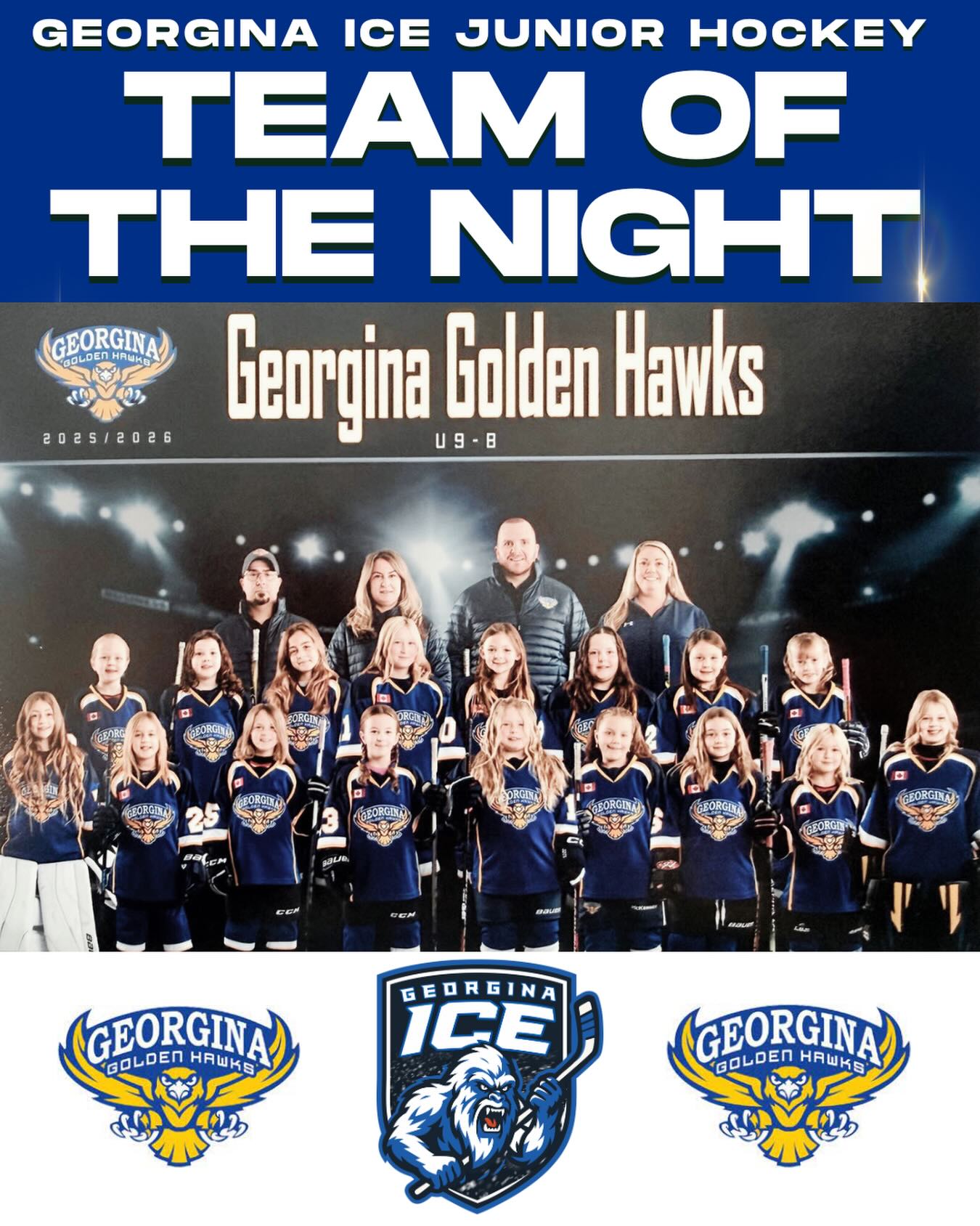 🚨🥶 We’re happy to welcome tonight’s Minor Hockey Team of the Night, the Georgina Golden Hawks U9-B team ! Minor hockey plays a vital role in building our community, and we’re proud to support its growth in partnership with Georgina Ice 🥶🚨