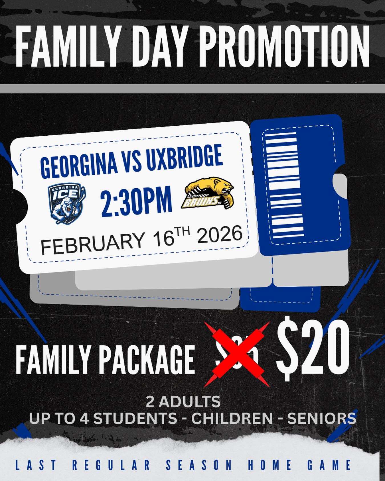 🥶🚨Join us as the Georgina Ice hit the ice for our Overage Celebration Game! 🚨🥶
Tomorrow , we proudly honor our overage players and recognize everything they’ve contributed to our team, our organization, and our community. Their leadership, dedication, and passion have made a lasting impact — let’s pack the rink and show them how much they mean to us! 💙❄️
It’s also our FINAL HOME GAME OF THE SEASON as we face off against the Uxbridge Bruins — you won’t want to miss this exciting matchup!
🎉 FAMILY DAY DEAL 🎉 Bring the whole crew! 👨‍👩‍👧‍👦 2 Adults + up to 4 Children, Seniors, or Students 💲 ONLY $20! 
Let’s fill the stands, celebrate our players, and cheer on the Ice one last time at home this season! 🏒💙