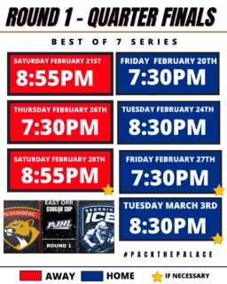 🏒🔥 PLAYOFF HOCKEY IS HERE! 🔥🏒
Tomorrow night, the puck drops on a Best-of-7 showdown between the Georgina Ice and the Schomberg Cougars!**
Game 1 goes down in Georgina, and we need the barn ROCKING from puck drop to final buzzer.
💙🤍 It’s time to #PackThePalace and stand behind the Ice all playoff long!
Game 1. Tomorrow night. Be there. Be loud. Go Ice Go!  #playoffs #pjhl #goicego #gameday