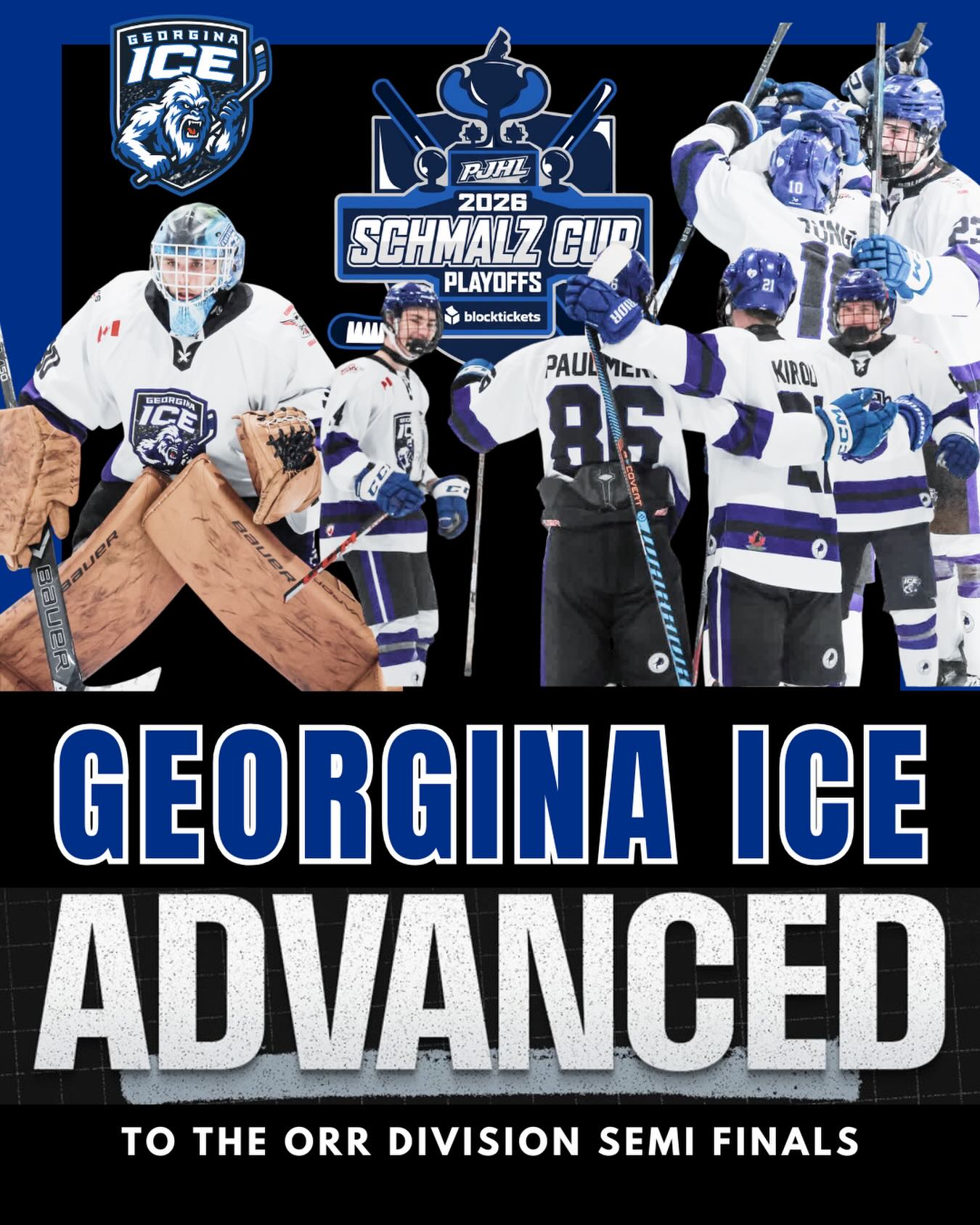 🥶🚨 Ice win the series! 🥶🚨 Your Georgina Ice have advanced to the semi finals with a 4-0 series win against the Schomberg Cougars - stay tuned for details schedule will be posted once finalized #rollice #goicego