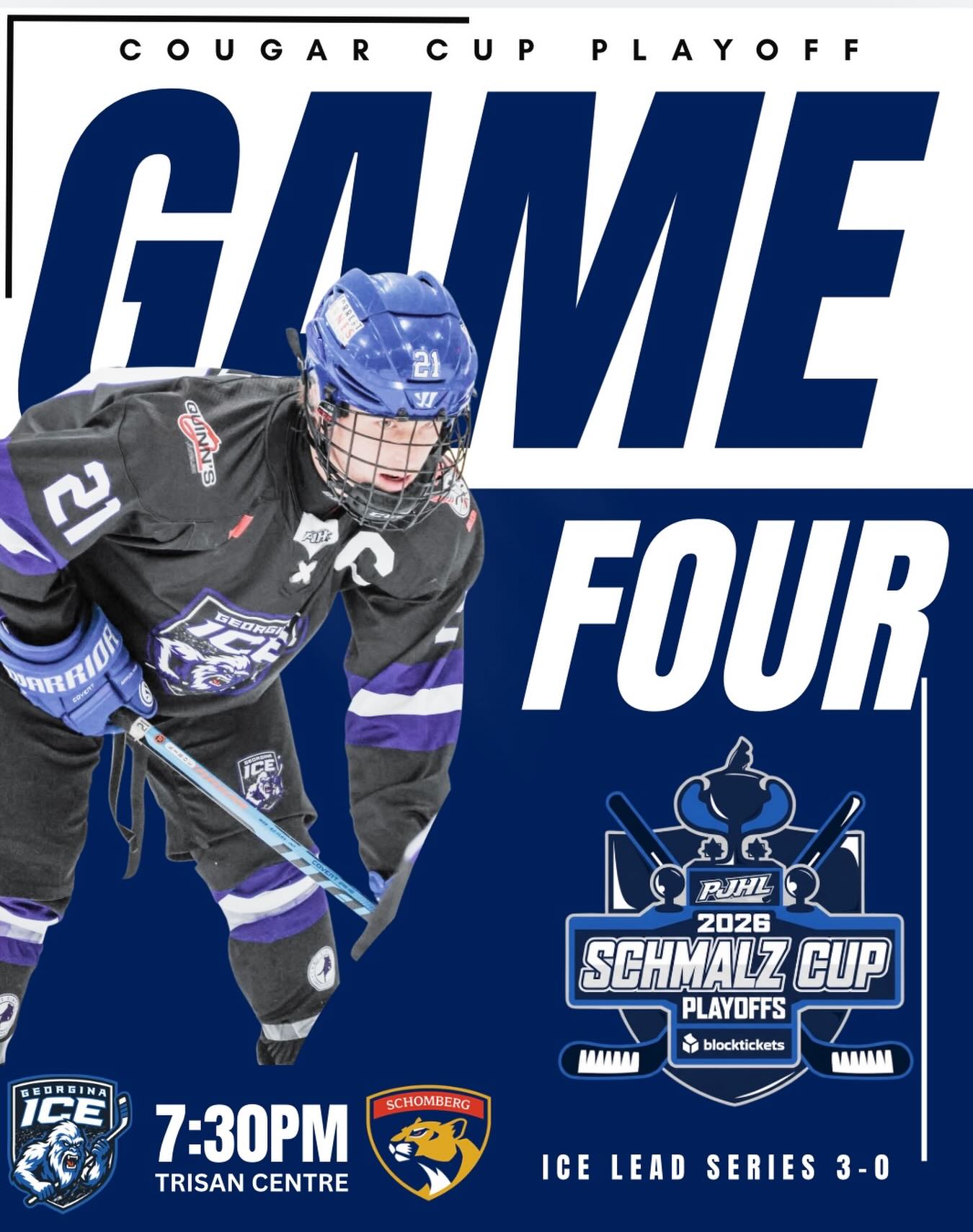 🥶🚨 Game 4 in SCHOMBERG !🥶🚨 #playofftime Your Georgina Ice are on the road to SCHOMBERG 7:30PM puck drop —- Fans let’s get loud and support the boys in their playoff push! #playoffs #pjhl #cougarcup