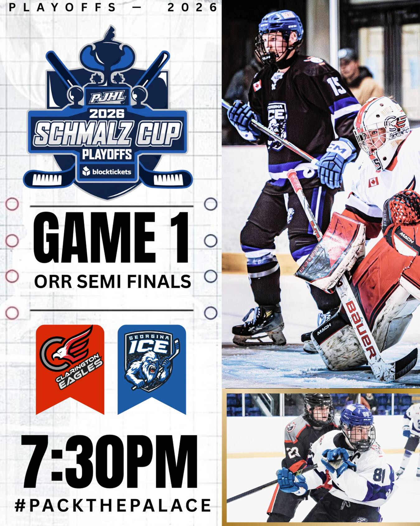 🥶🚨 ORR DIVISION SEMI-FINALS 🚨🥶
Your Georgina Ice take on the Clarington Eagles tonight 7:30pm puck drop for Game 1 of the Orr divison semi finals! Fans let’s pack the palace , wear our ice gear , and cheer loud and proud for our hometown boys - Fans, don’t forget to wear your Ice gear, keswick dinner jackets, or minor hockey jerseys to save $ at the front gate - LETS GO ICE!! #packthepalace 
#GoIce #OrrDivision #PlayoffHockey